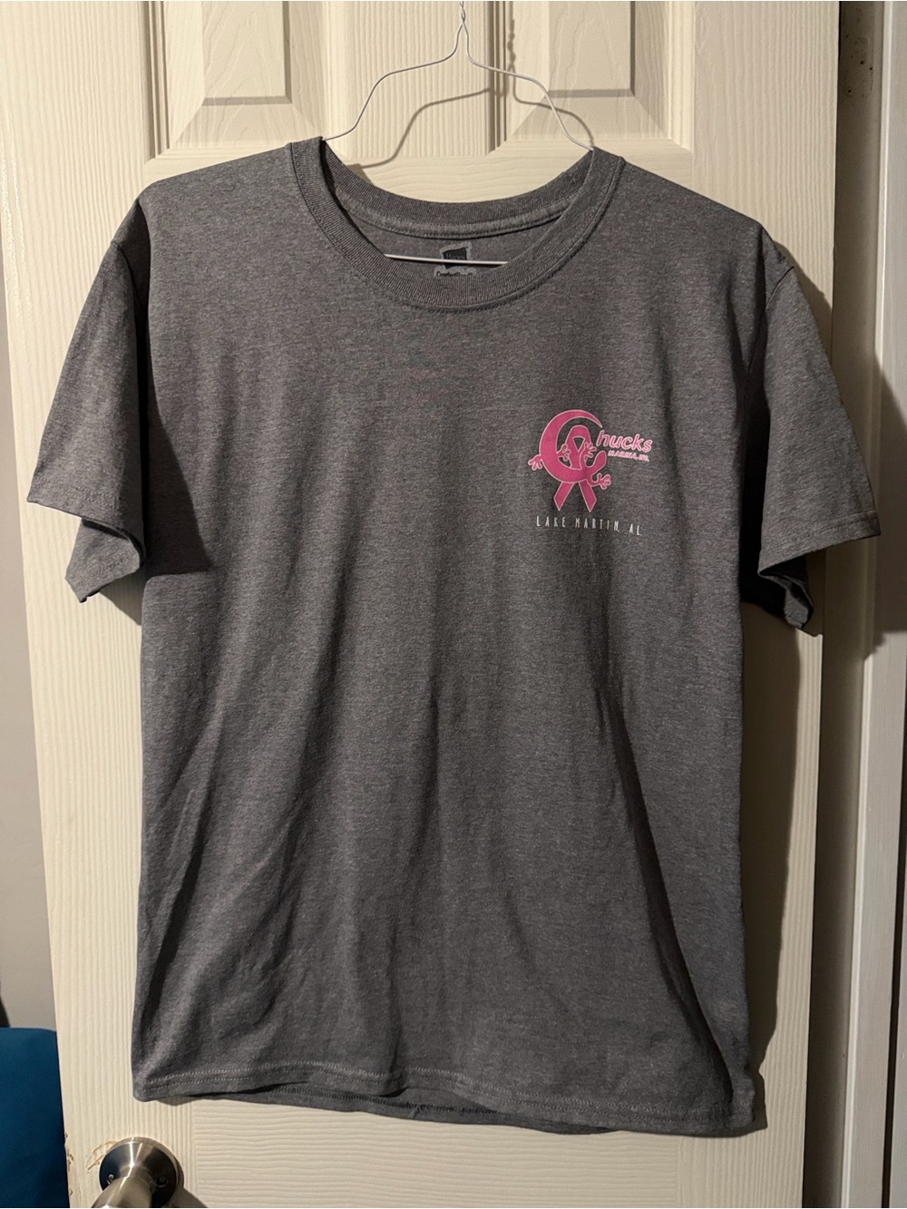 #293 Hanes Gray Short Sleeve Tee with Pink Ribbon Chest Graphic